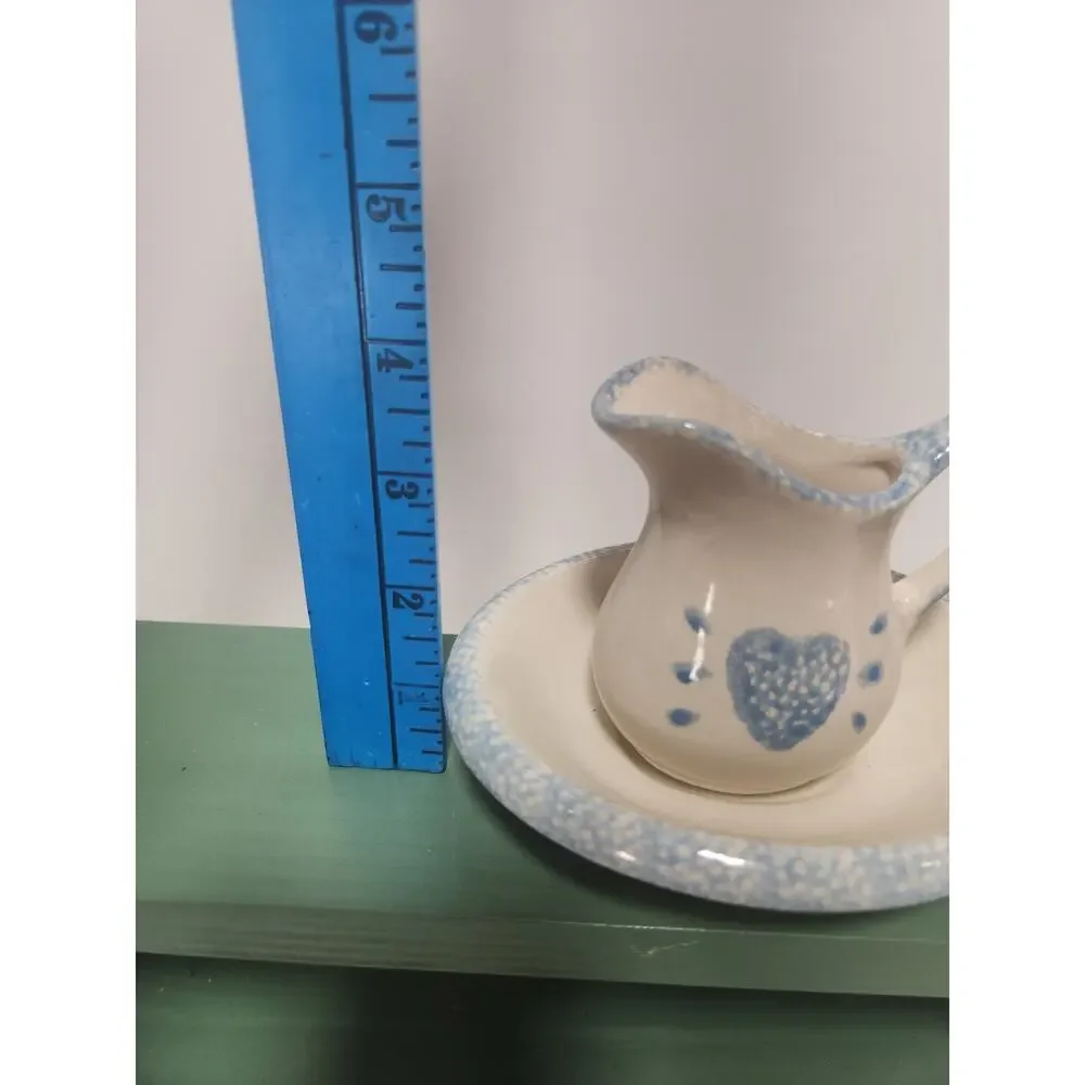 Vintage LoMo Co. Ceramic Creamer & Underplate Blue Heart Spongeware Country